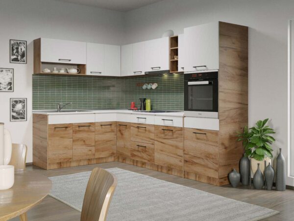 Set Mobila Bucatarie Colt Gastro 180*280 Alb/Stejar - C25